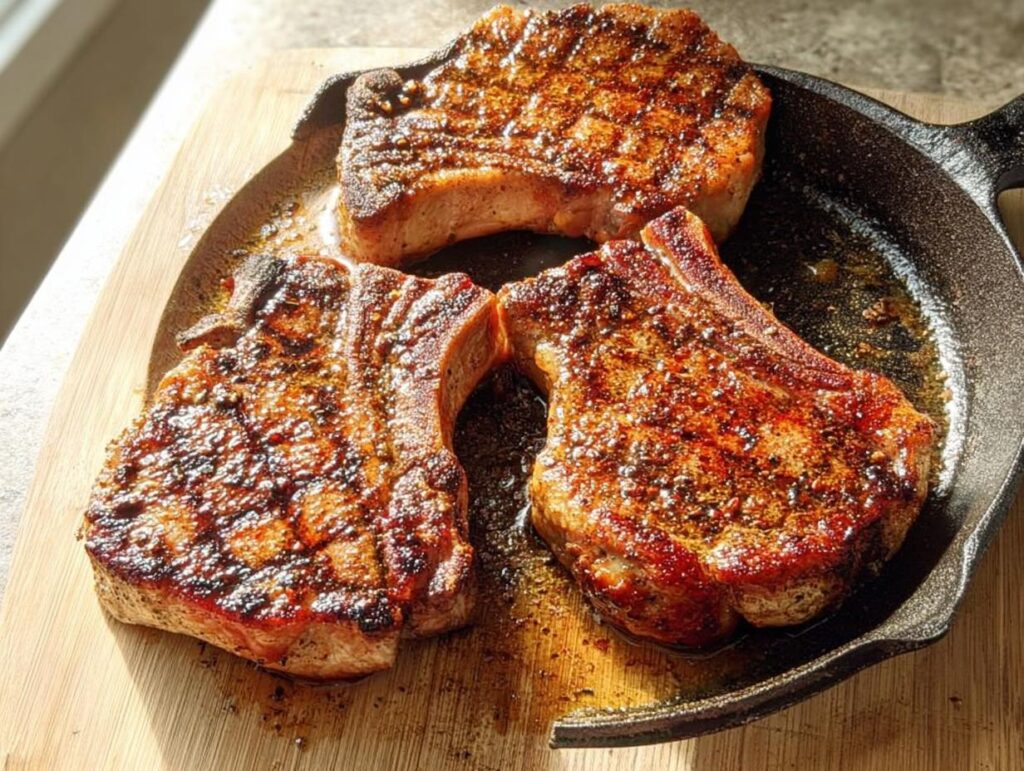 Three perfectly seared pork chops in a cast iron skillet, ready for a delicious pork chops recipe.