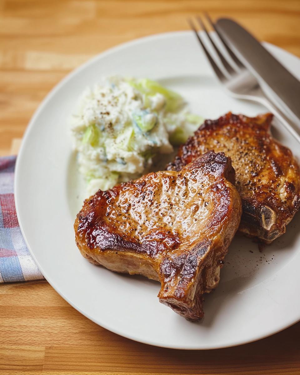 Two perfectly cooked pork chops served with a side of creamy coleslaw on a white plate.
