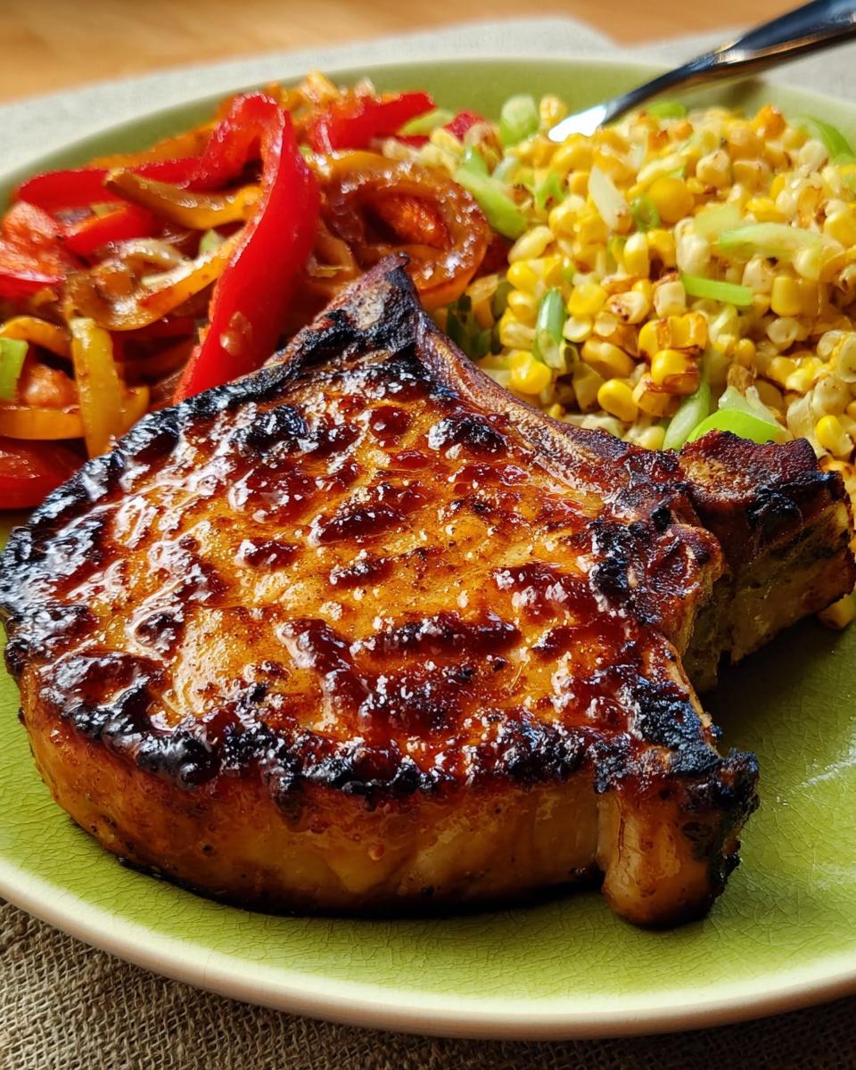 A perfectly cooked, juicy pork chop recipe served with corn and bell peppers.
