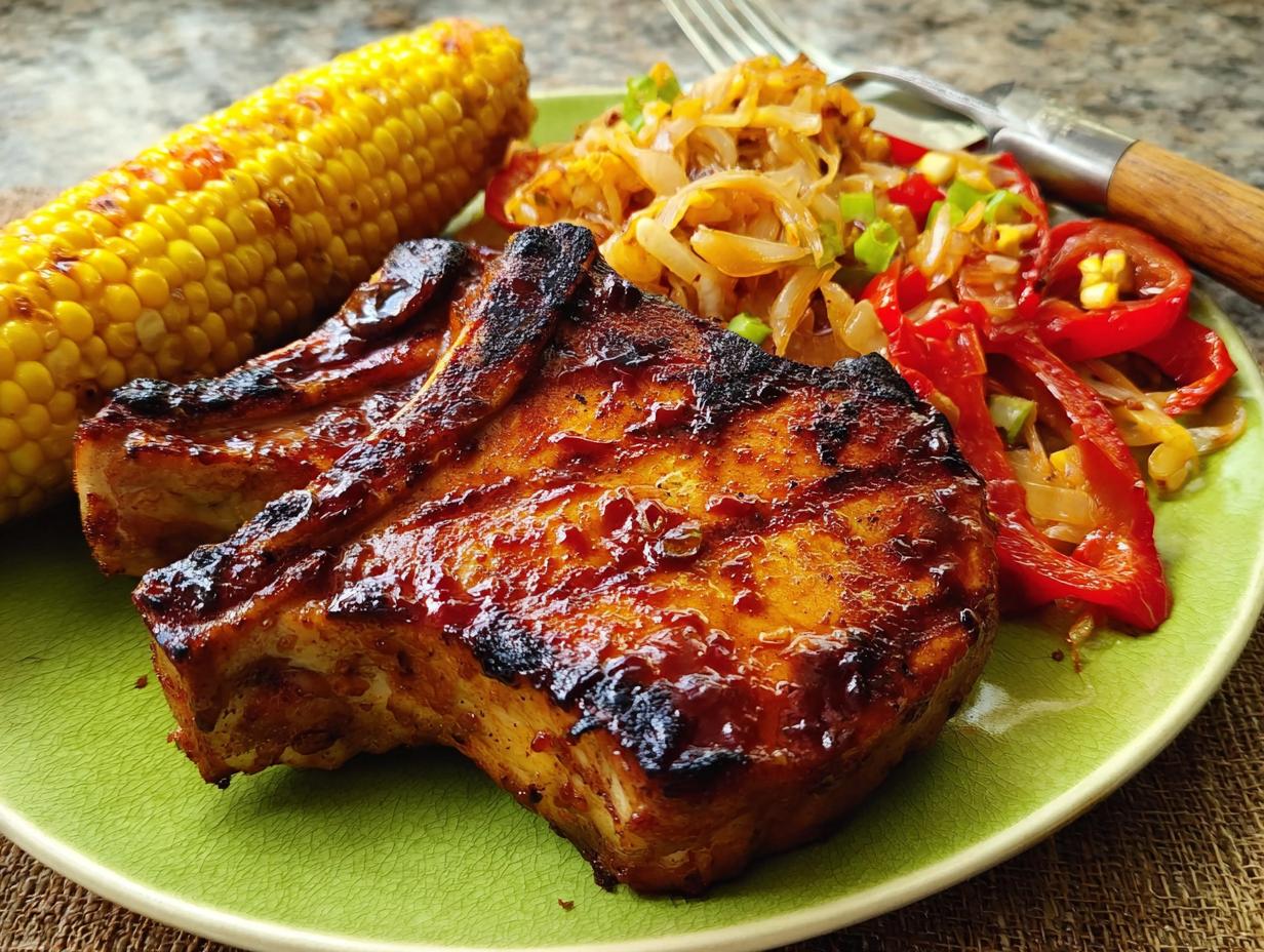A perfectly cooked pork chop recipe, glazed and grilled, served with corn on the cob and a side of sautéed peppers and onions.