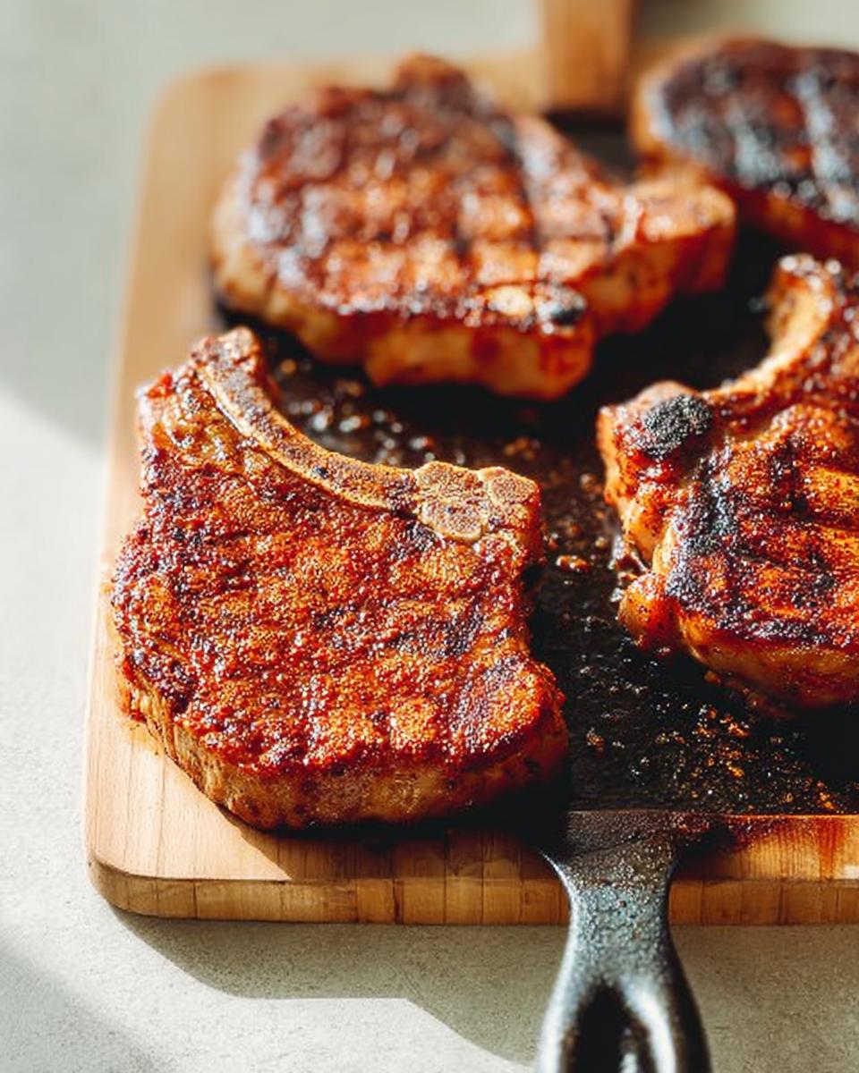 Close-up of perfectly grilled pork chops with a flavorful crust, ready to be served from a wooden board.