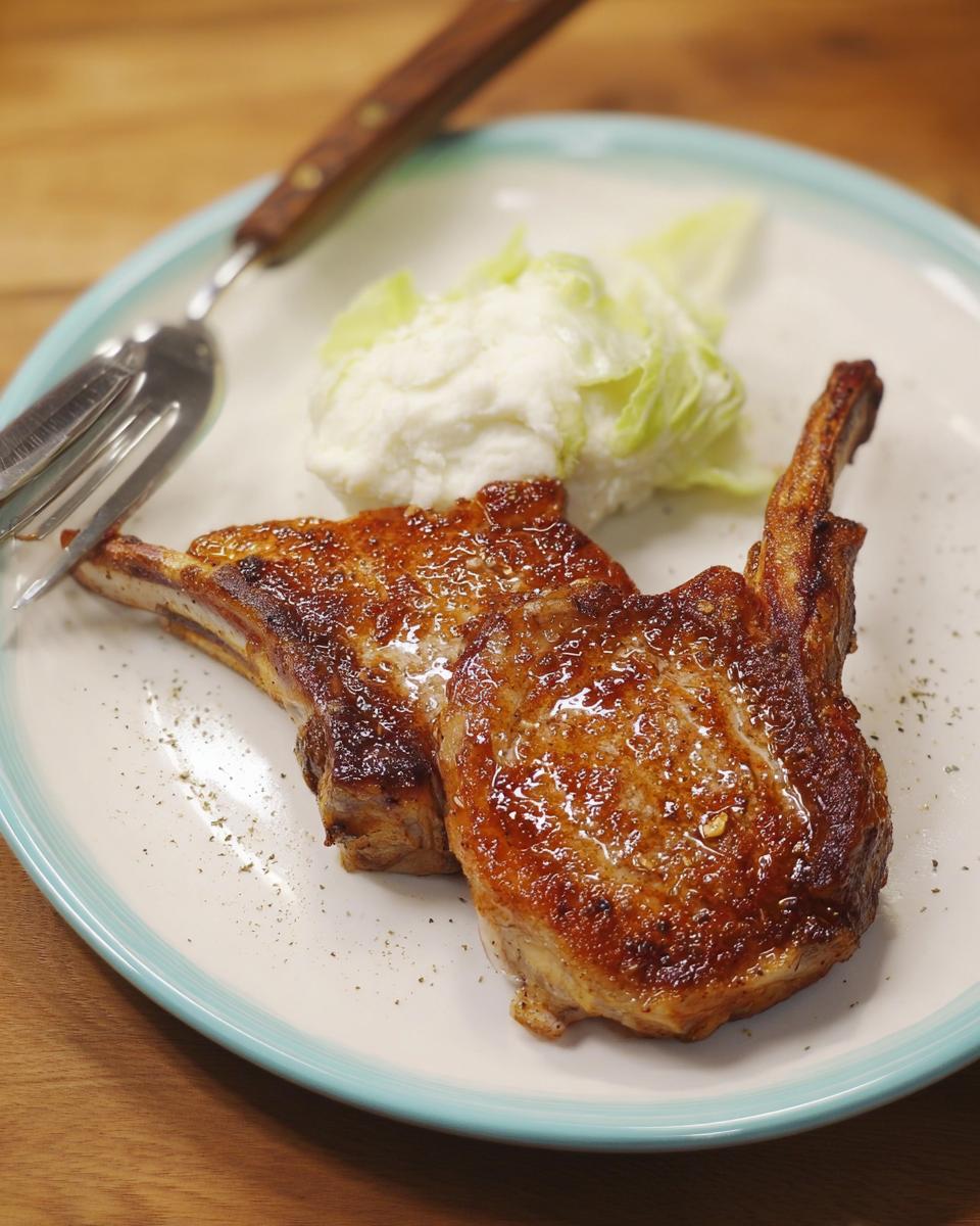 Two juicy pork chops served with mashed potatoes and a lettuce leaf, seasoned with pepper.