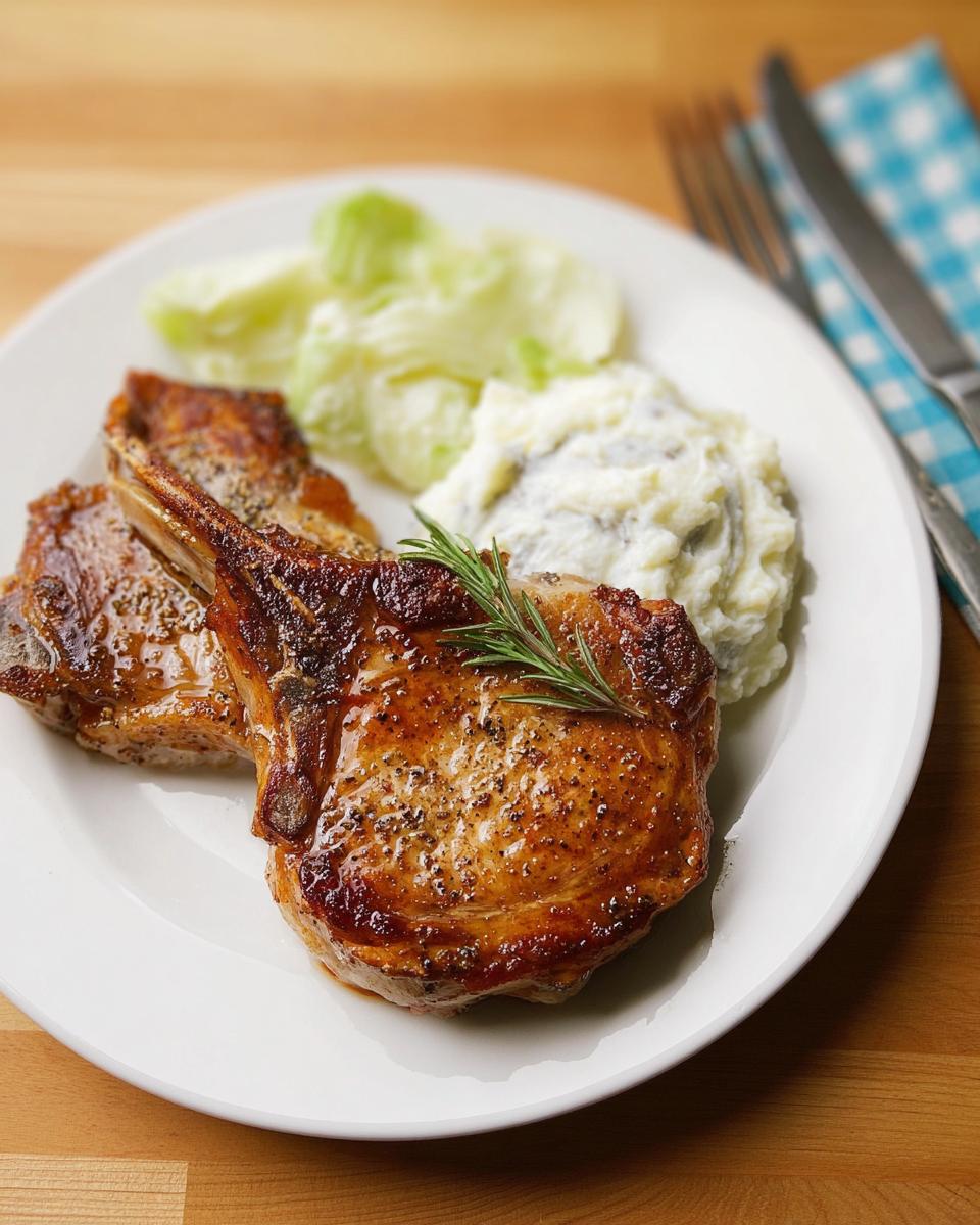 A plate of perfectly cooked pork chops with mashed potatoes and a side of greens, garnished with rosemary.