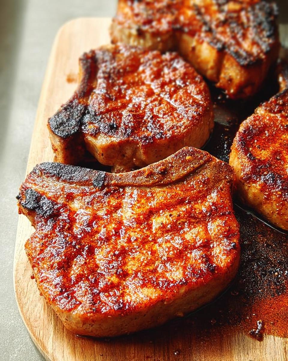 Close-up of several juicy, pan-seared pork chops with a reddish-brown spice rub on a wooden cutting board.