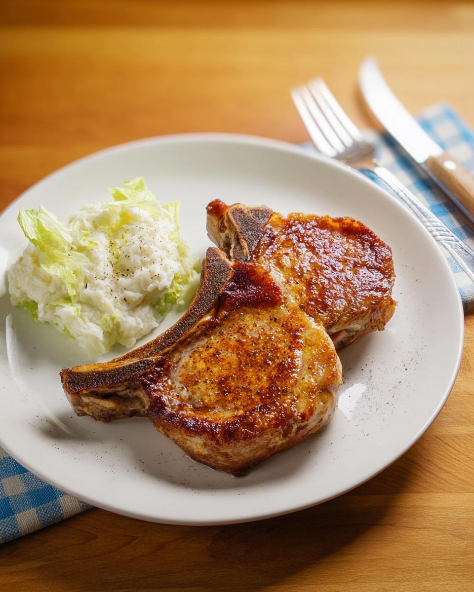 Two perfectly cooked pork chops served with a fresh side salad on a white plate.