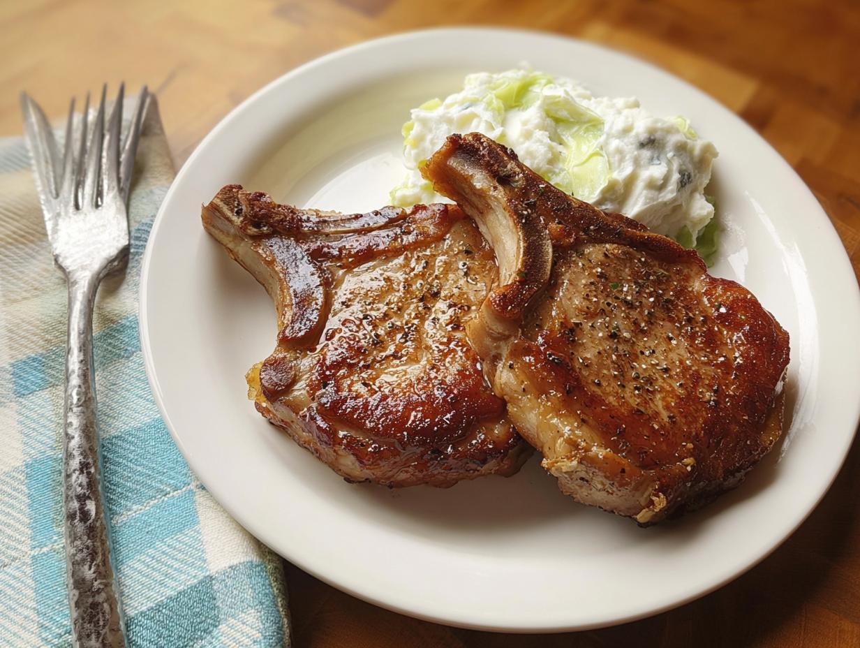 Two perfectly cooked pork chops served with a creamy side dish on a white plate.