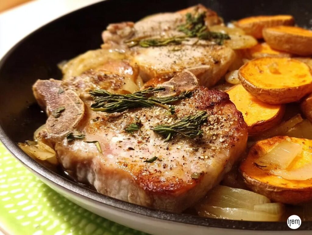 Close-up of juicy pork chops recipe with roasted sweet potatoes and onions, garnished with rosemary.