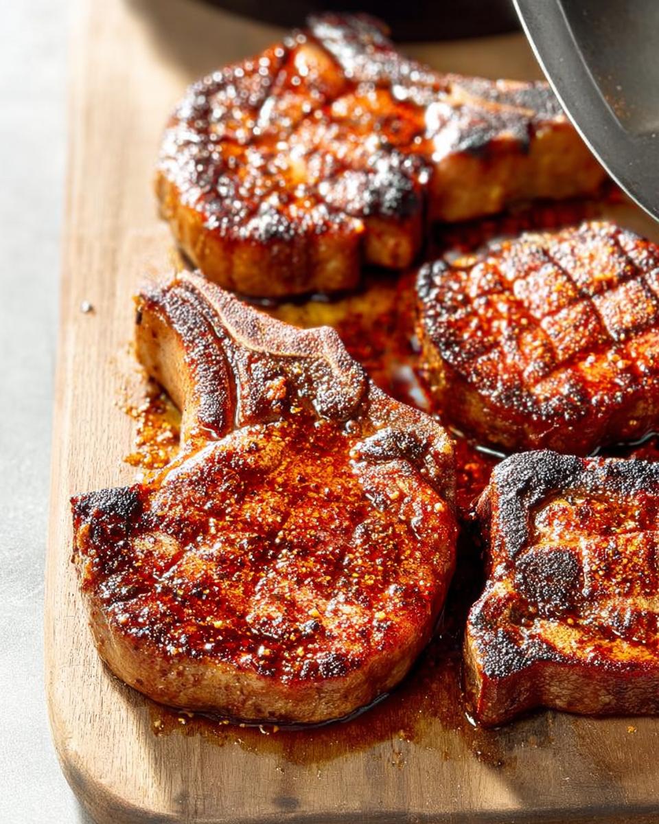 Four juicy pork chops recipes, glazed and seared, resting on a wooden cutting board.