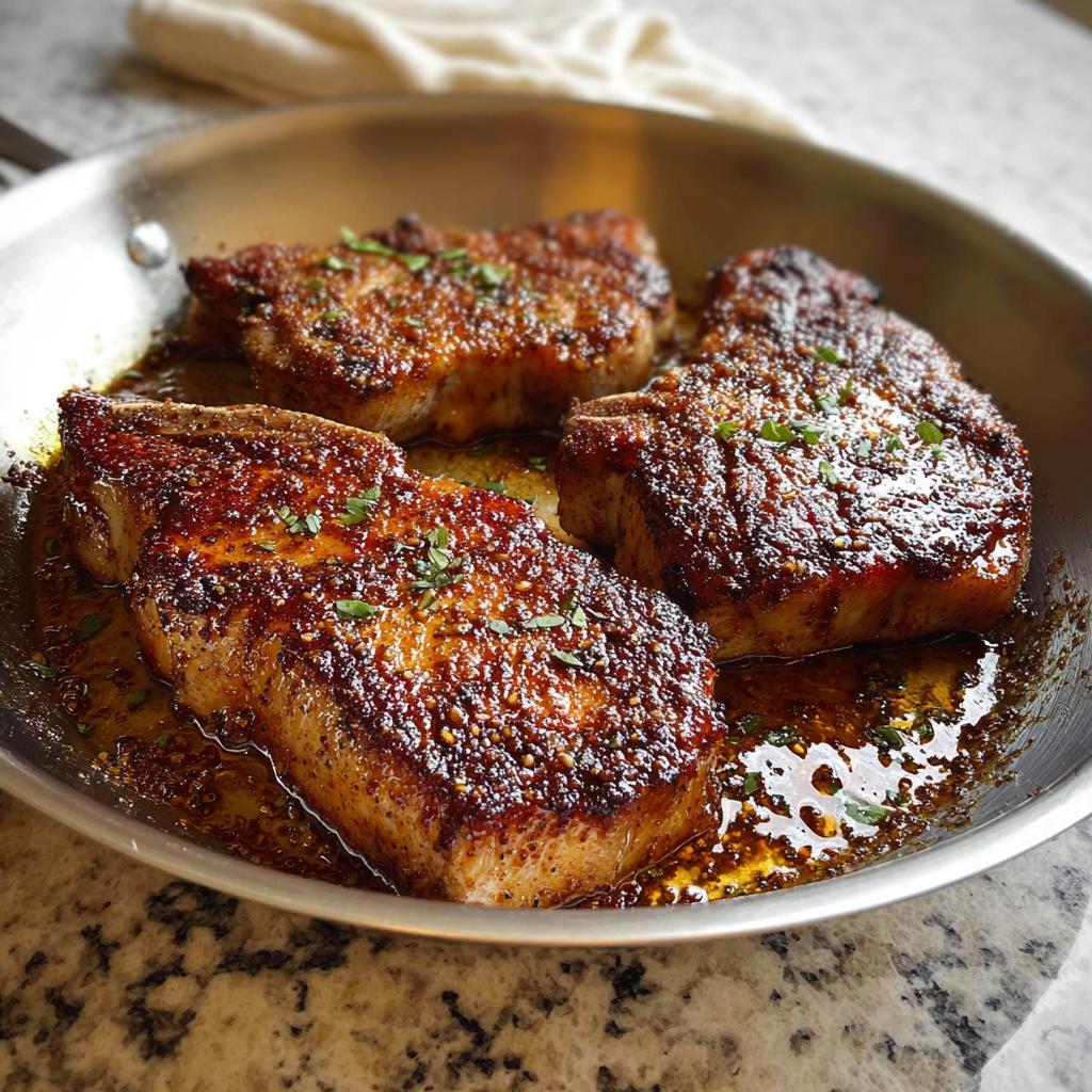 Three perfectly seared pork chops in a skillet, glistening with pan juices and sprinkled with herbs.