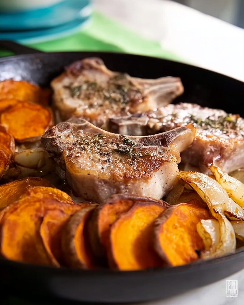 Close-up of juicy pork chops recipes cooked in a skillet with roasted sweet potato slices and onions.