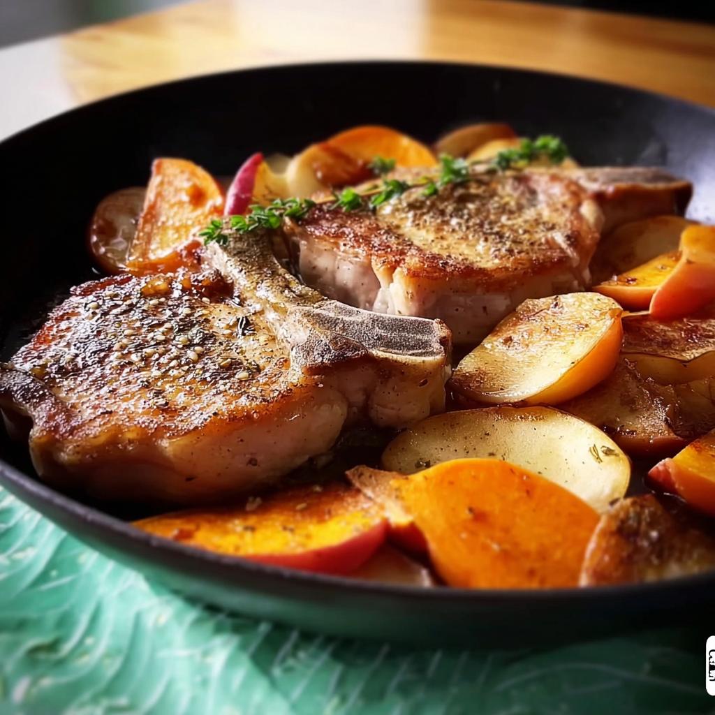 Close-up of two pan-seared pork chops served with roasted apple slices and garnished with fresh herbs.