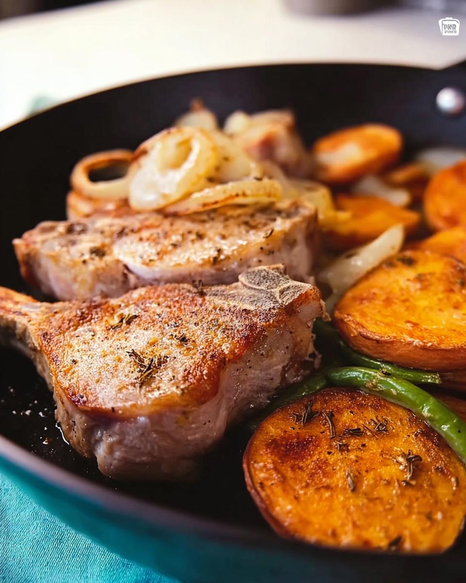 Close-up of pan-fried pork chops with roasted sweet potatoes, onions, and green beans.