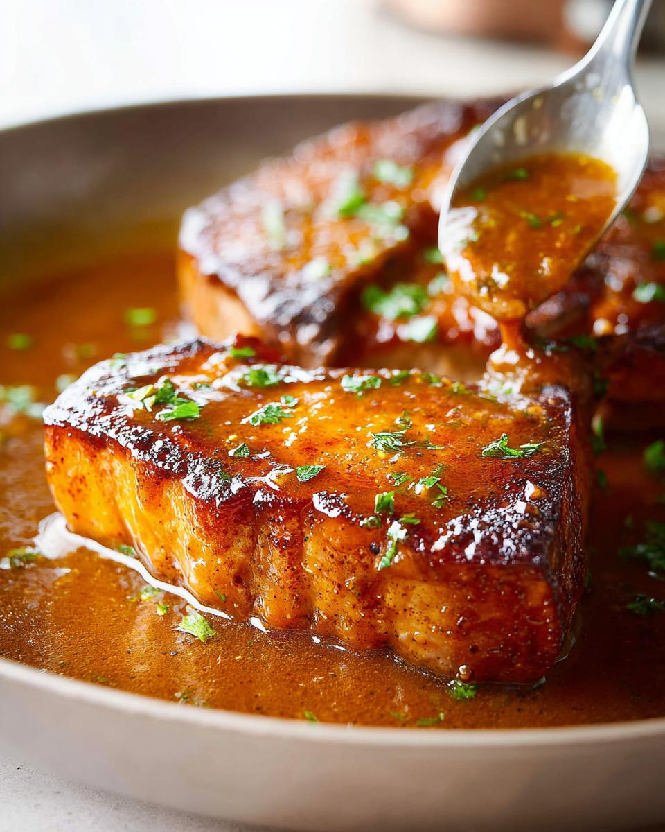 A close-up of thick, juicy pork chops being basted with a rich, savory sauce and garnished with fresh herbs.
