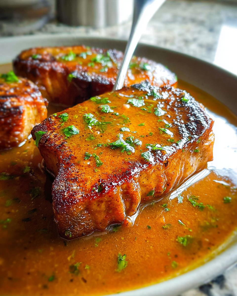 Close-up of juicy pork chops in a rich, savory sauce, garnished with fresh parsley. Perfect for beginners.