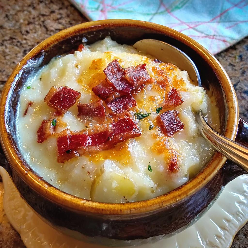 A close-up of a bowl of creamy potato soup topped with crispy bacon and melted cheese, part of 12-Ingredient Soup Recipes.