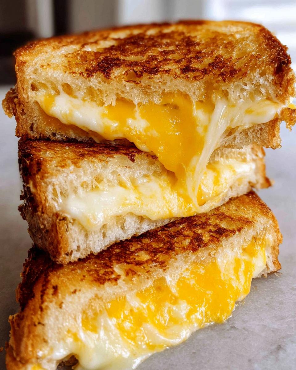 A stack of three perfectly grilled cheese sandwiches with gooey, melted cheese oozing out.