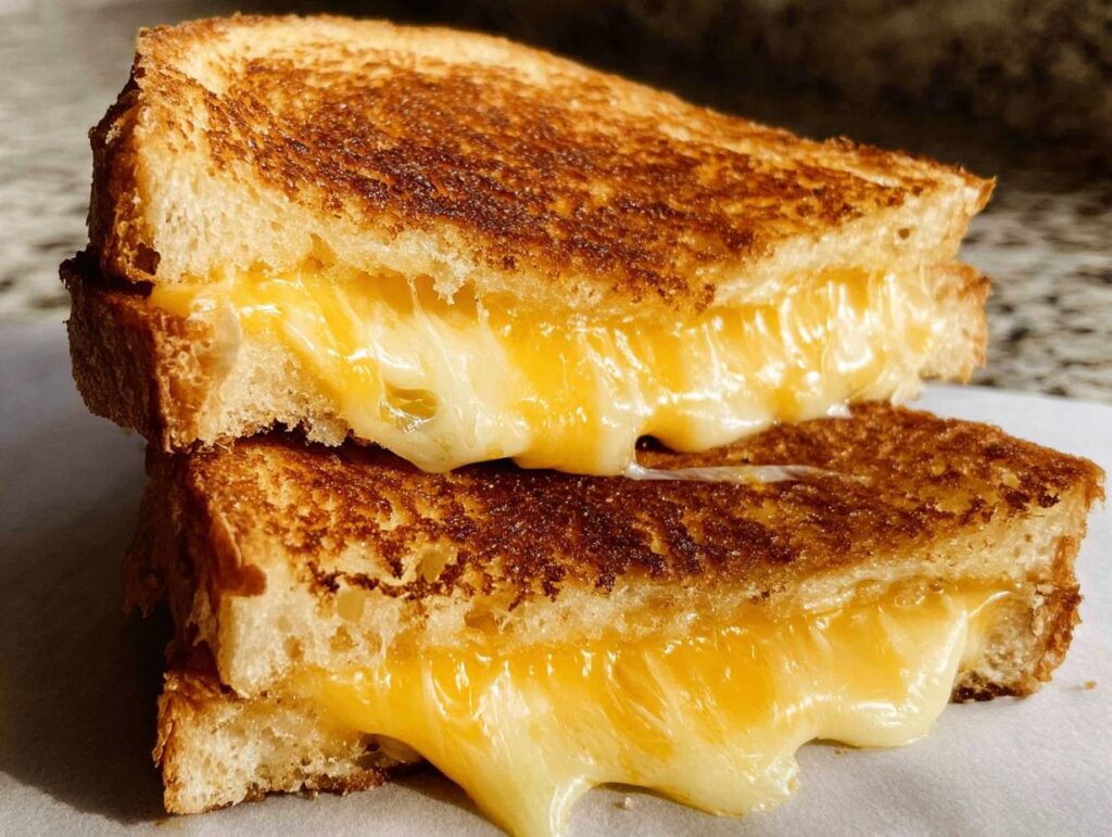 Two halves of a perfectly grilled cheese sandwich, with gooey melted cheese spilling out.