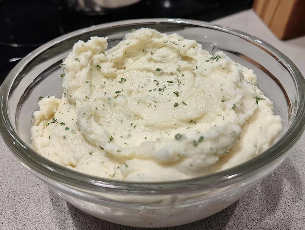 A close-up of a clear glass bowl filled with creamy, fluffy mashed potatoes, garnished with fresh parsley.