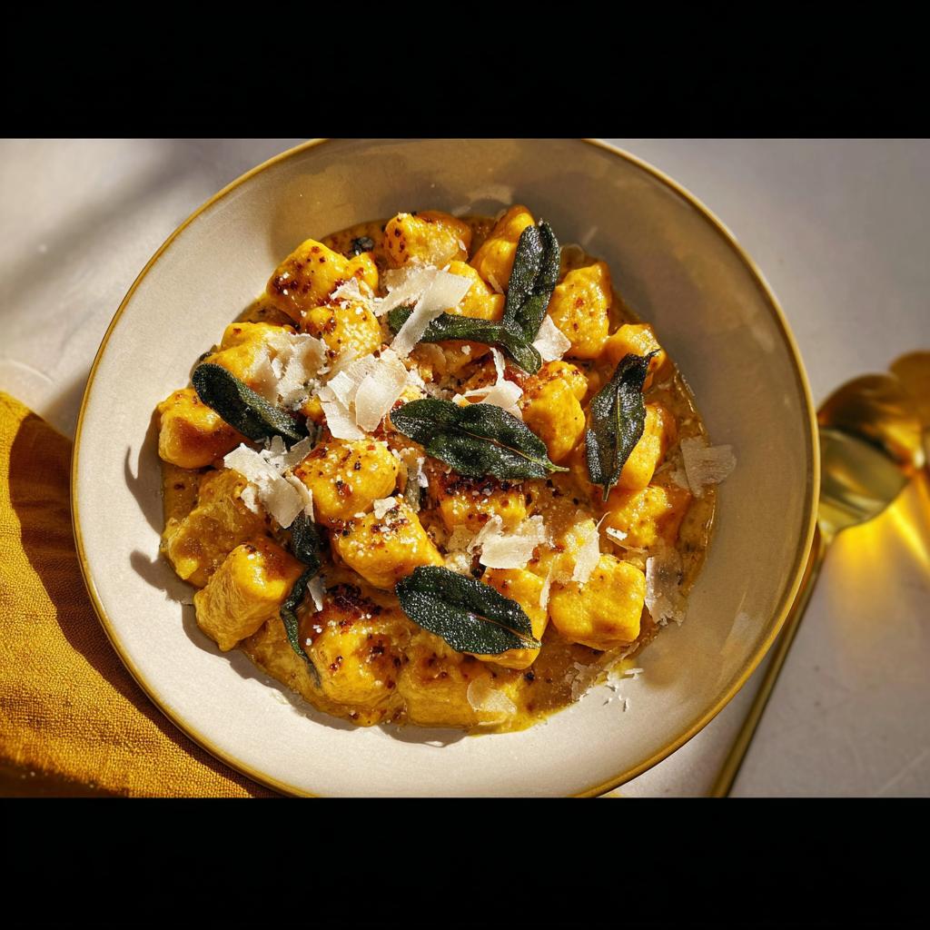 Close-up of a bowl of pumpkin gnocchi pasta, topped with sage leaves and shaved parmesan cheese.