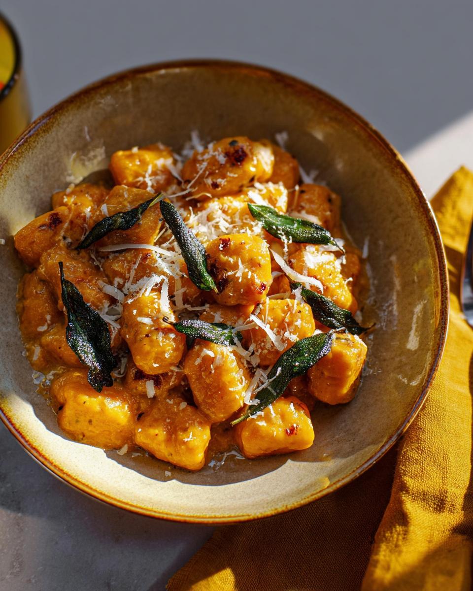 Close-up of a bowl of pumpkin gnocchi pasta with sage and grated cheese.