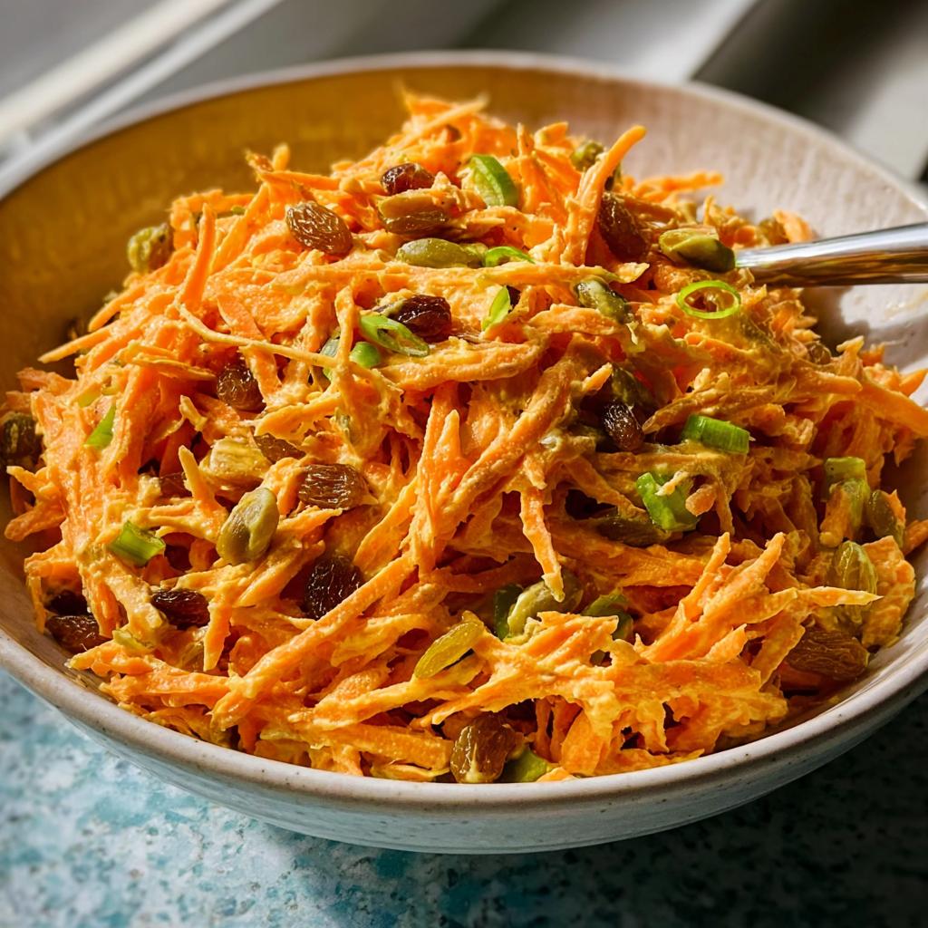 Close-up of a bowl filled with shredded carrot salad, featuring raisins, pumpkin seeds, and green onions.