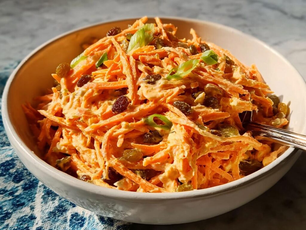 A bowl of shredded carrot salad with raisins and green onions, part of quick veggie sides recipes.