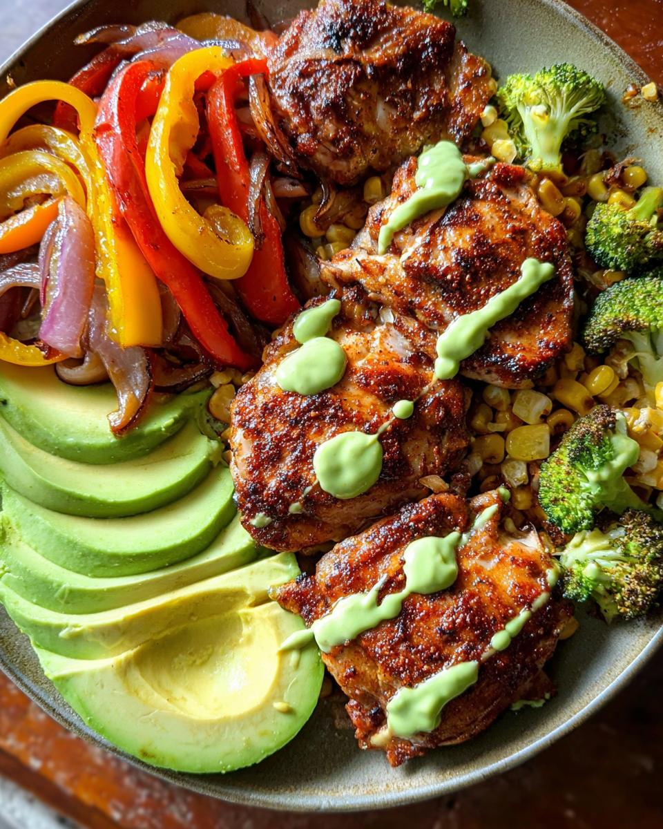 A close-up of a colorful bowl featuring seasoned chicken thighs, sliced avocado, roasted bell peppers, onions, corn, and broccoli, drizzled with green sauce.
