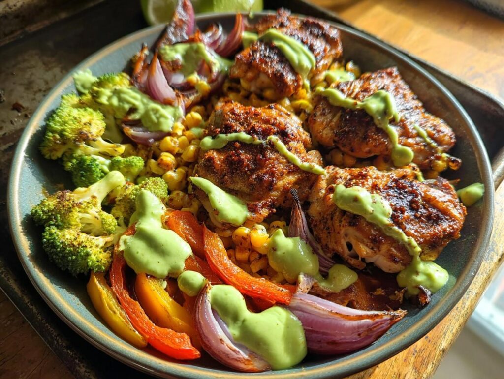 A vibrant bowl of roasted chicken pieces with corn, broccoli, bell peppers, and red onion, drizzled with a green sauce. A quick chicken recipe.