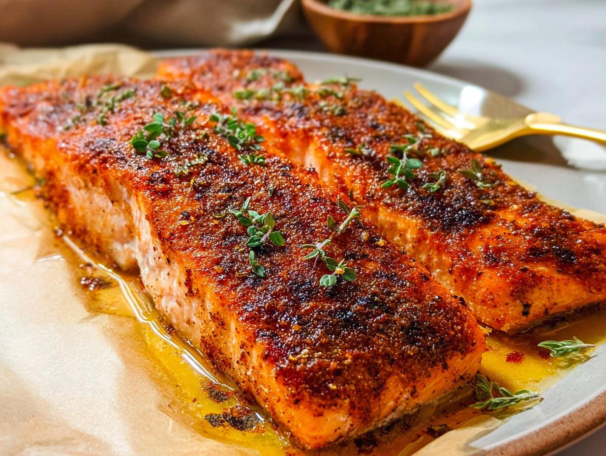 Two perfectly cooked salmon fillets seasoned and garnished with fresh thyme, a delicious salmon recipe.