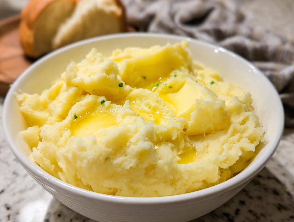 A close-up of creamy mashed potatoes in a white bowl, topped with melting butter and chives. Part of a bread loaf is visible in the background.