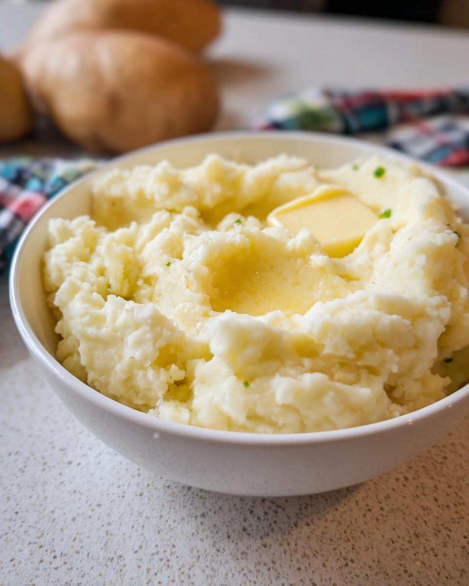 A bowl of fluffy mashed potatoes topped with a pat of melting butter and chives. Quick mashed potatoes recipe.