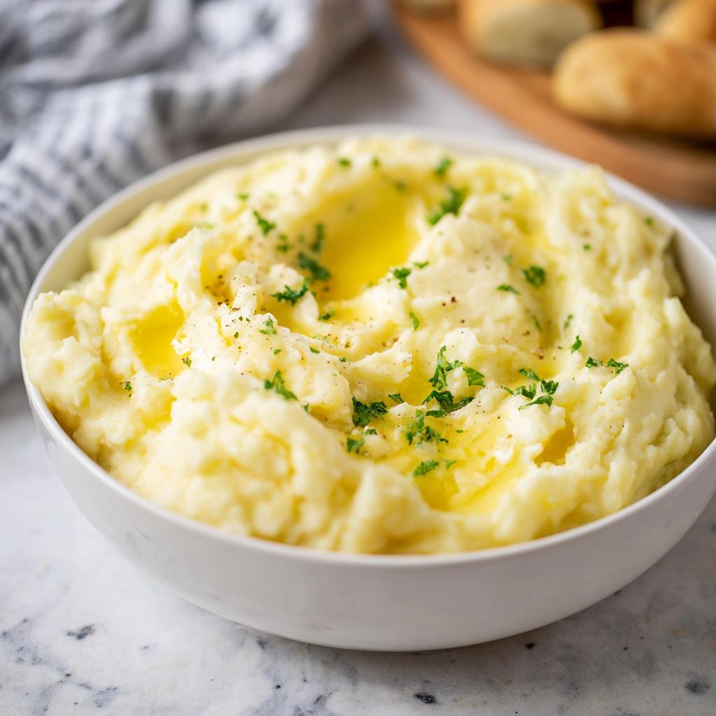 A bowl of creamy mashed potatoes topped with melted butter and fresh parsley, part of our 20-minute mashed potatoes recipes.