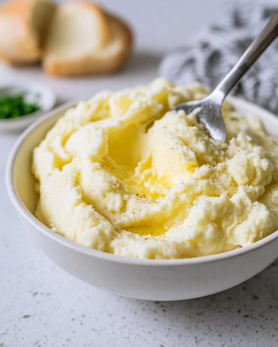 A bowl of fluffy mashed potatoes topped with melted butter and black pepper, with a spoon digging in. Part of a quick mashed potatoes recipe.