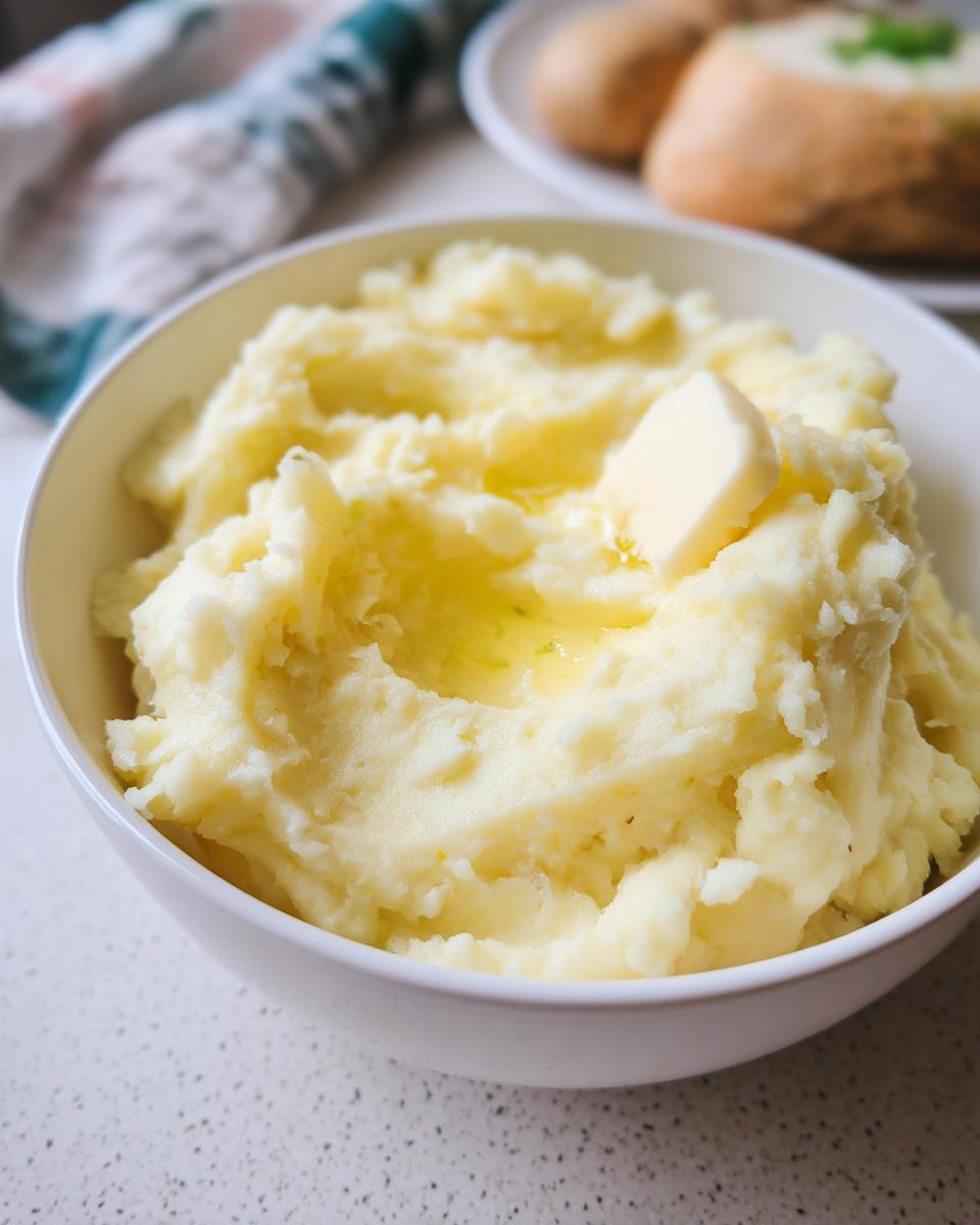 A bowl of creamy mashed potatoes with a pat of butter melting on top, part of a quick mashed potatoes recipe.