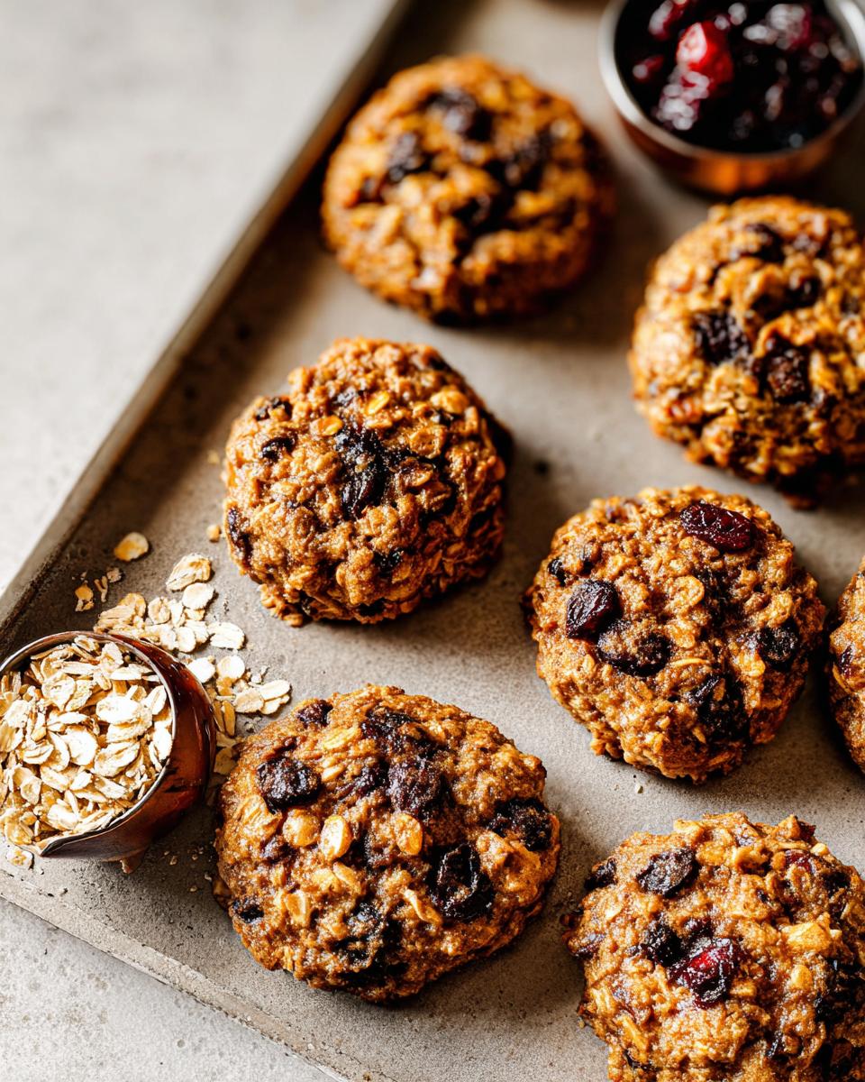 Close-up of freshly baked oatmeal cookies with dried cranberries, perfect for quick breakfast ideas recipes in 20 minutes.