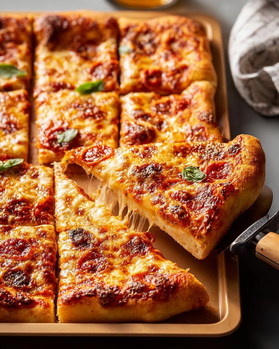A slice of cheesy pepperoni pizza is lifted from a pan, showcasing melted cheese and a crispy crust. Perfect for Pizza Night Recipes.