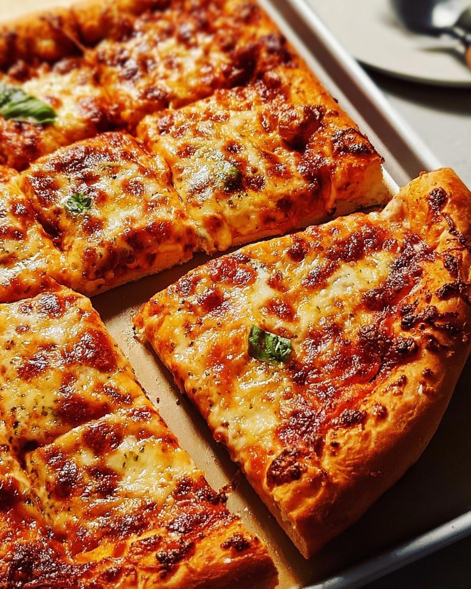 Close-up of a freshly baked, cheesy pizza cut into squares, perfect for Pizza Night Recipes in 10 Minutes.