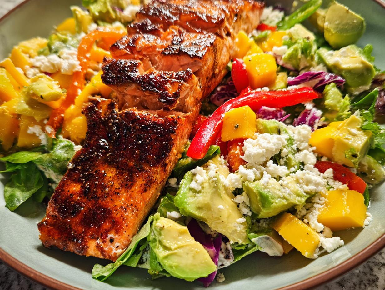 A vibrant salad featuring perfectly cooked salmon, avocado, mango, bell peppers, and feta cheese.