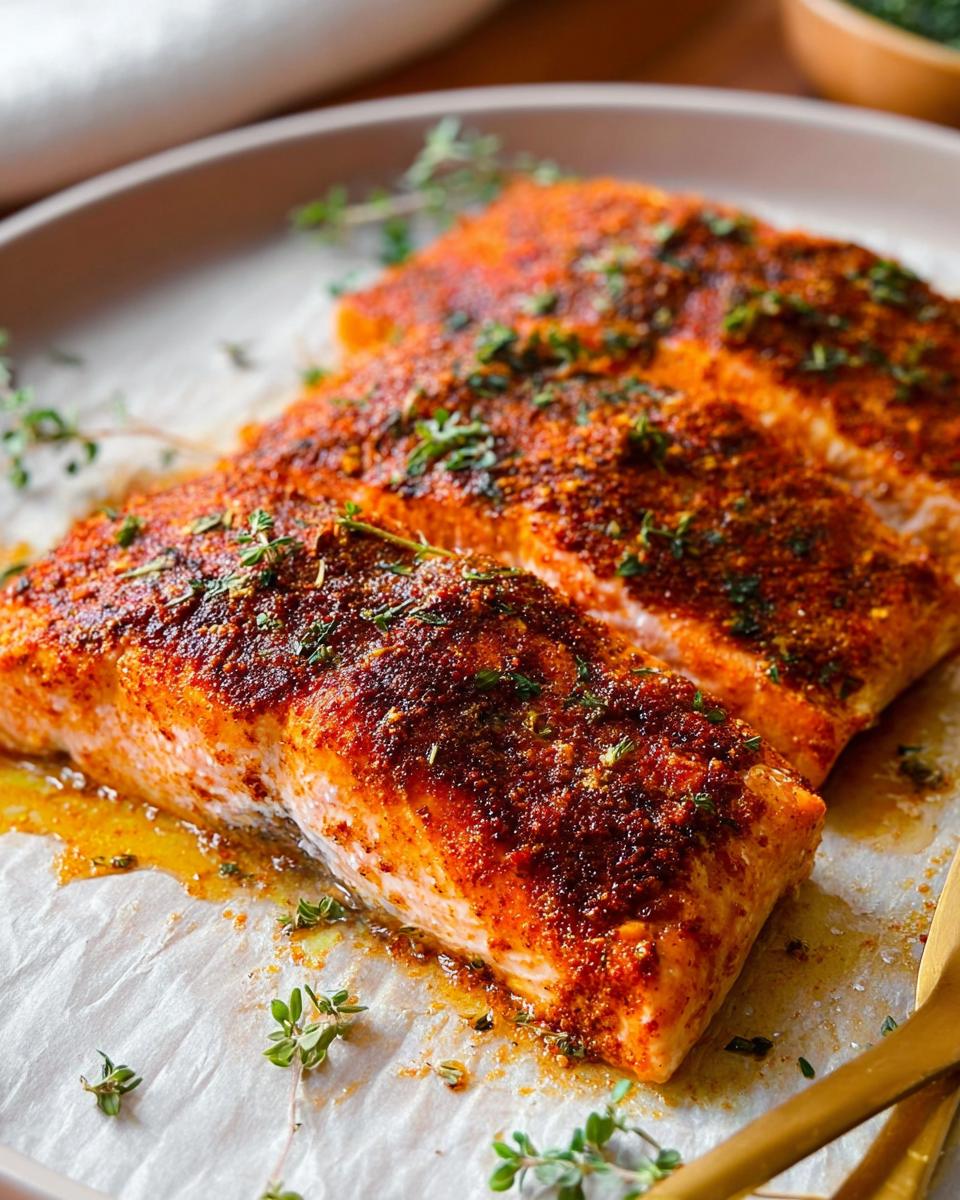Close-up of three seasoned salmon fillets, a quick and easy salmon recipe, seasoned with spices and fresh herbs.