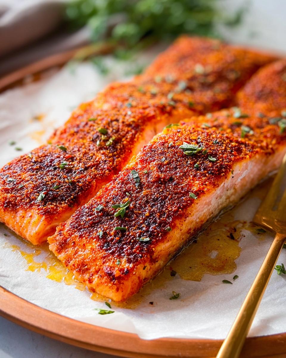 Two spice-crusted salmon fillets, a quick and easy salmon recipe, glistening with juices on parchment paper.