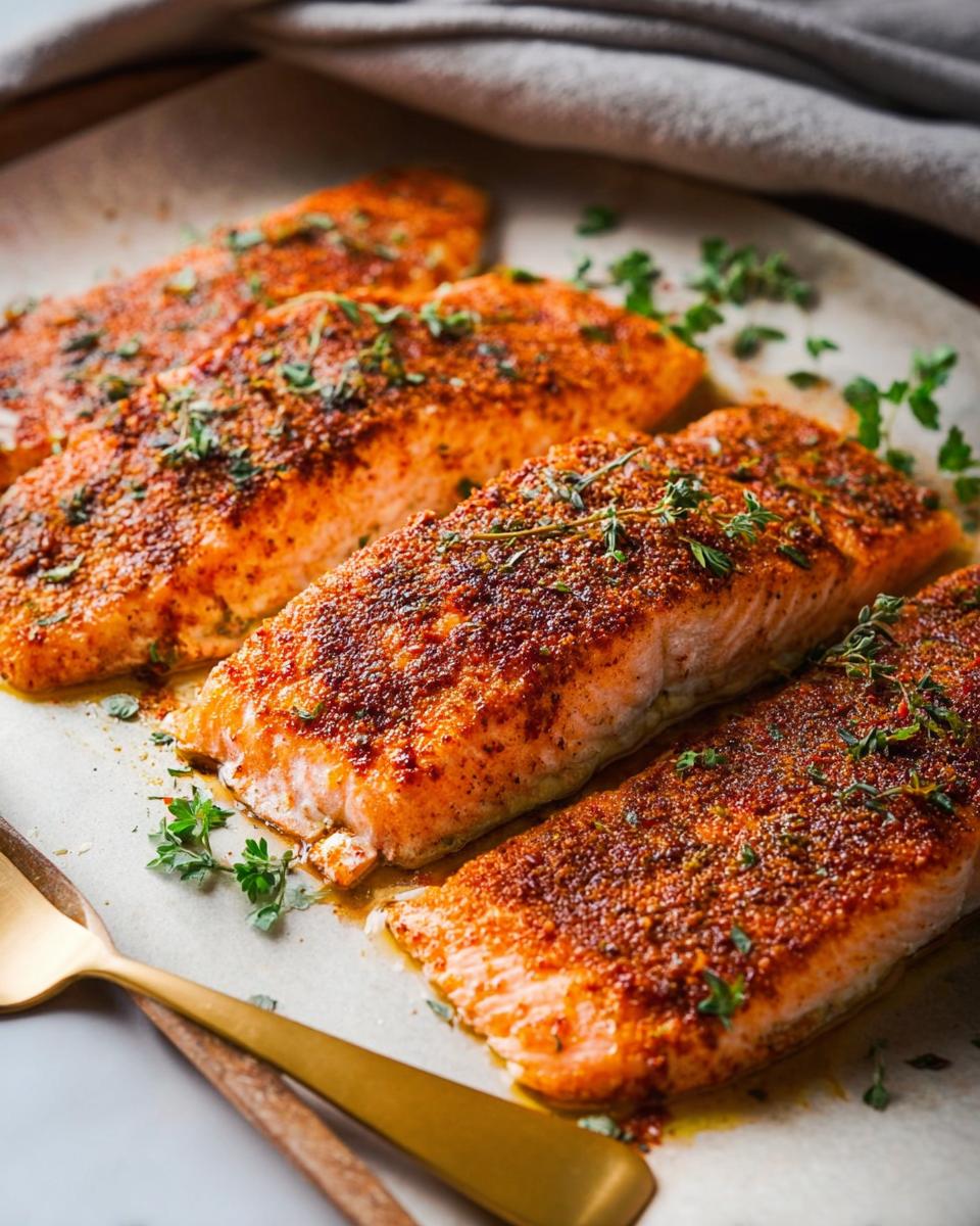 Four seasoned salmon fillets, seasoned with spices and herbs, ready to be cooked as part of quick salmon recipes.