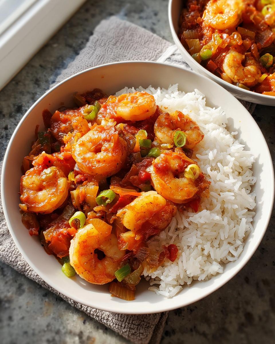 A bowl of fluffy white rice topped with a flavorful shrimp and tomato sauce, garnished with green onions. A perfect quick shrimp recipe.