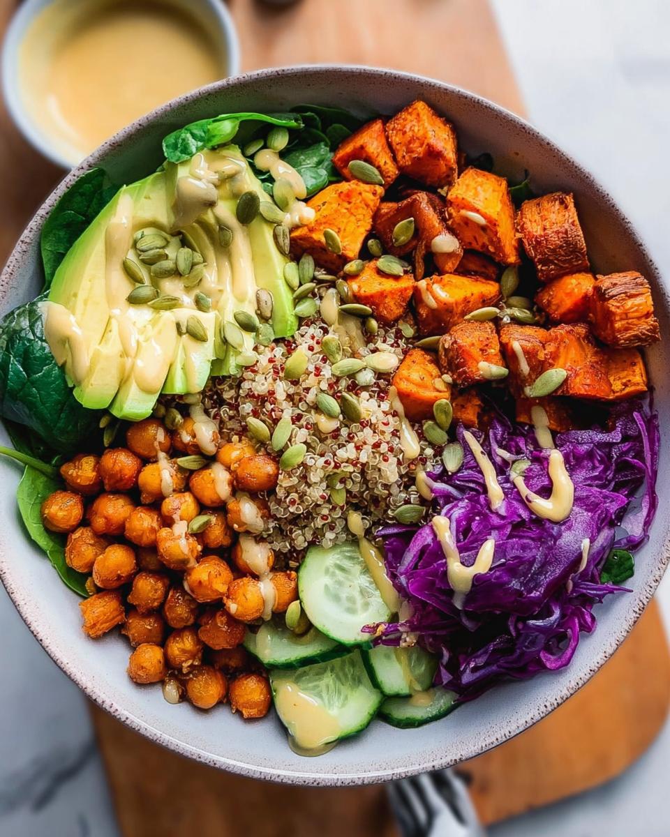 A vibrant and healthy quinoa rice bowl recipe featuring roasted sweet potatoes, avocado, chickpeas, red cabbage, and cucumber, drizzled with dressing.
