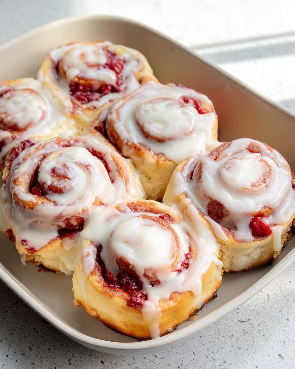 Close-up of sweet raspberry swirl breakfast rolls drizzled with white icing, part of The Only Breakfast Ideas Recipes Recipe You’ll Need (2025).