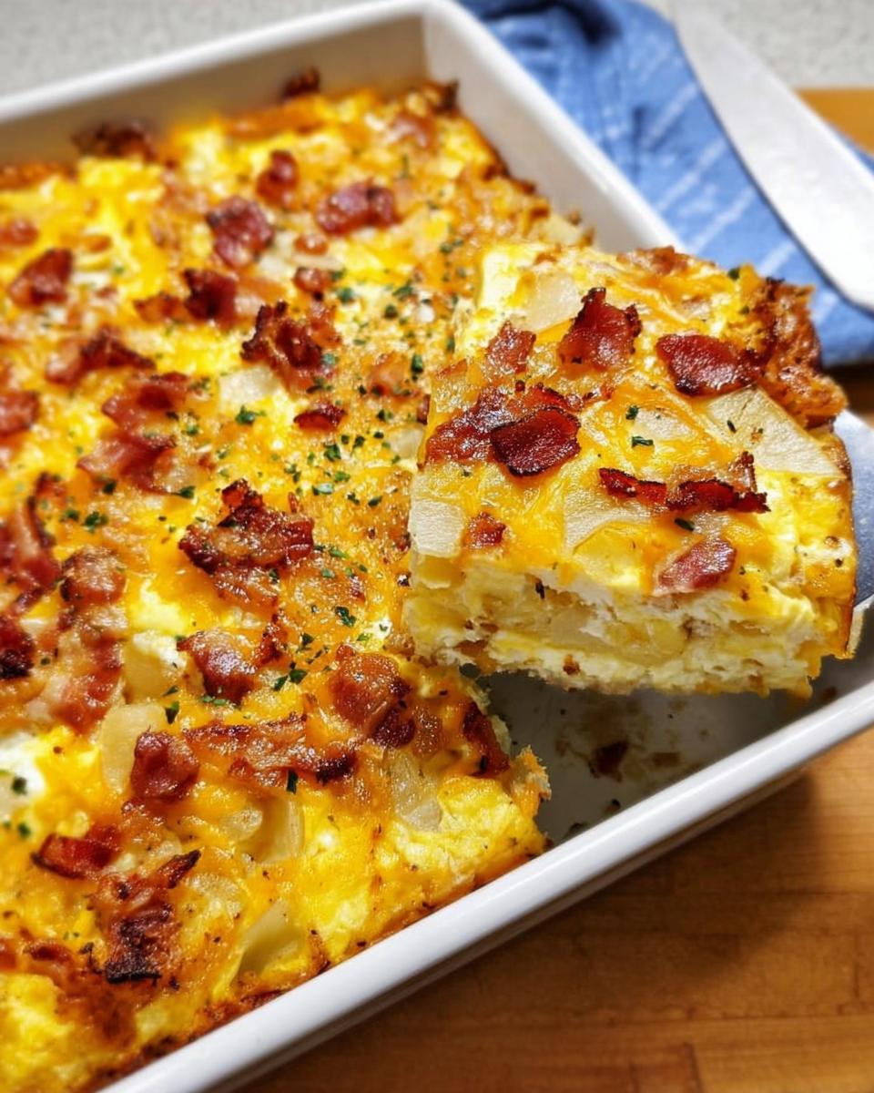 A slice of restaurant-style breakfast casserole with bacon, cheese, and potatoes being lifted from a white baking dish.