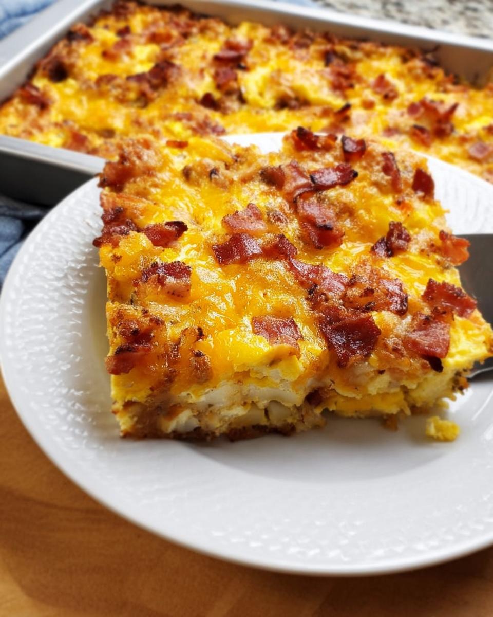 A slice of restaurant-style breakfast casserole topped with melted cheese and crispy bacon, served on a white plate.