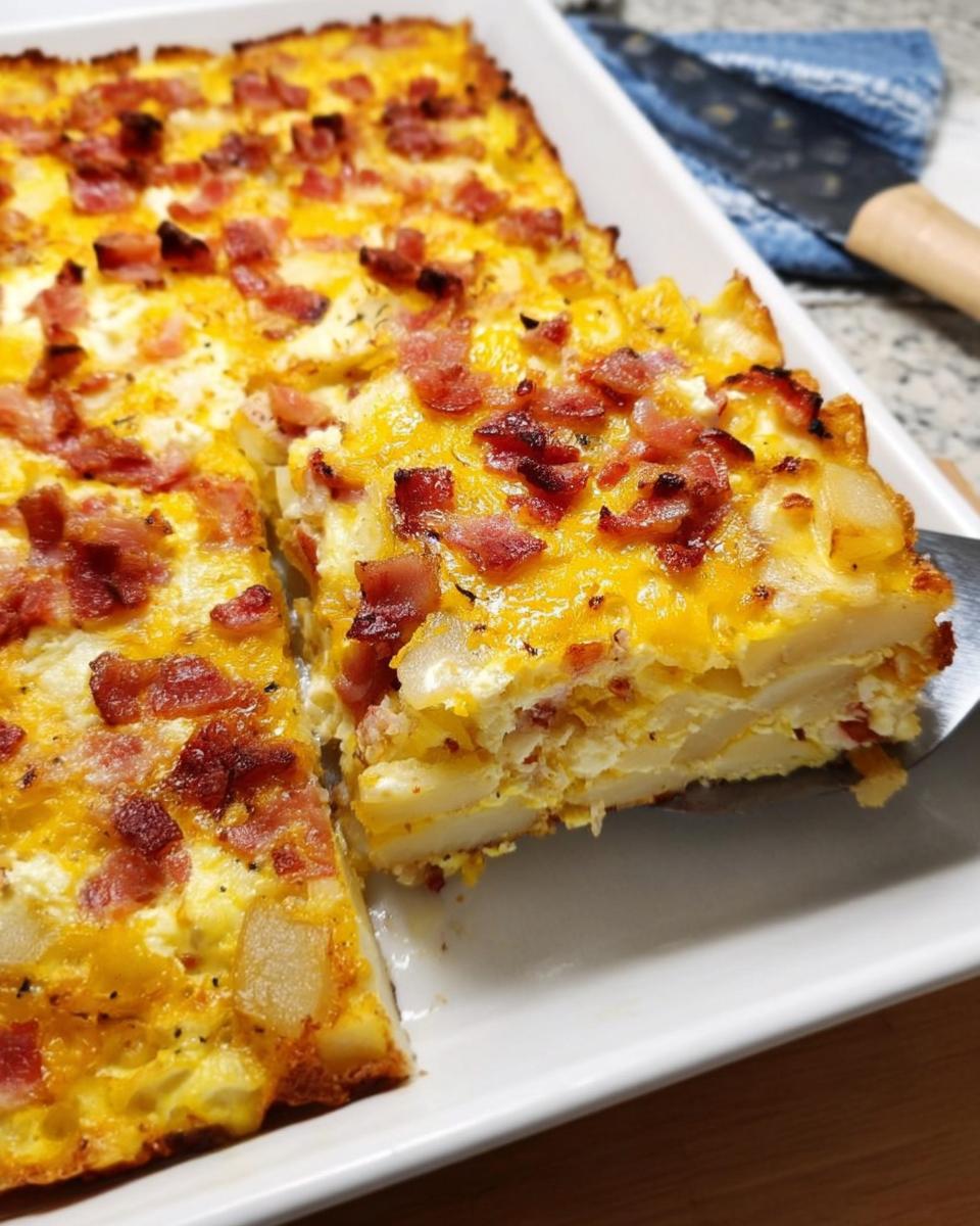 A slice of restaurant-style breakfast casserole with layers of eggs, potatoes, bacon, and melted cheddar cheese.
