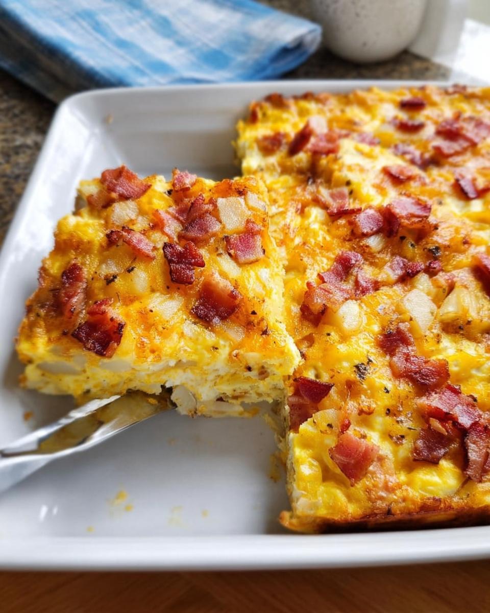 A slice of restaurant-style breakfast casserole with eggs, potatoes, cheese, and crispy bacon bits, a perfect addition to Restaurant-Style Breakfast Ideas Recipes at Home.