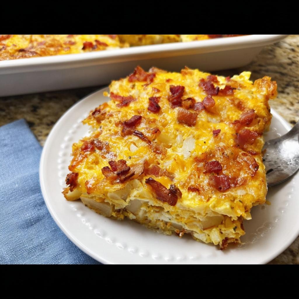 A slice of restaurant-style breakfast casserole with potatoes, eggs, cheese, and bacon, served on a white plate.