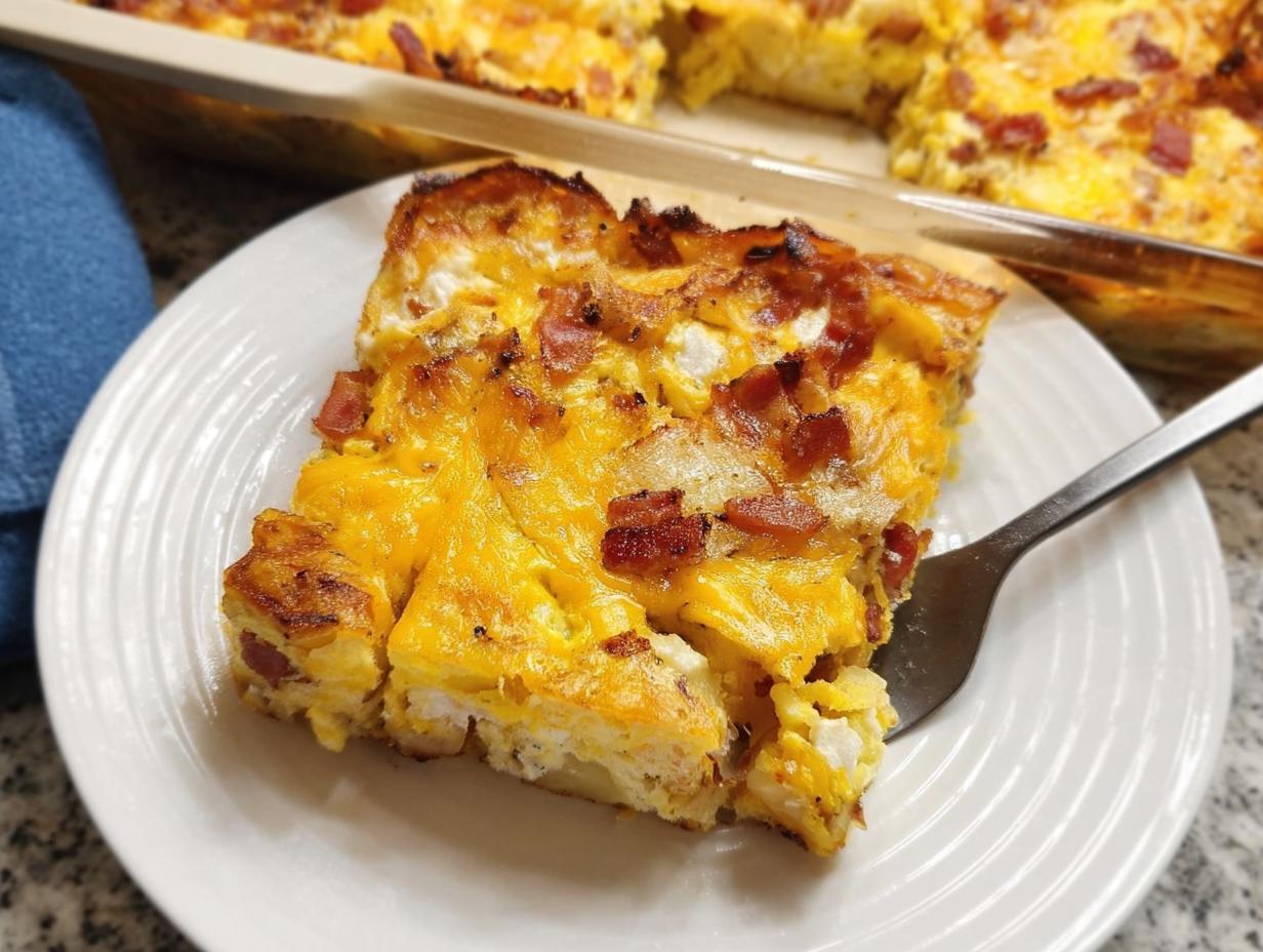 A slice of restaurant-style breakfast casserole with bacon and cheese, served on a white plate.